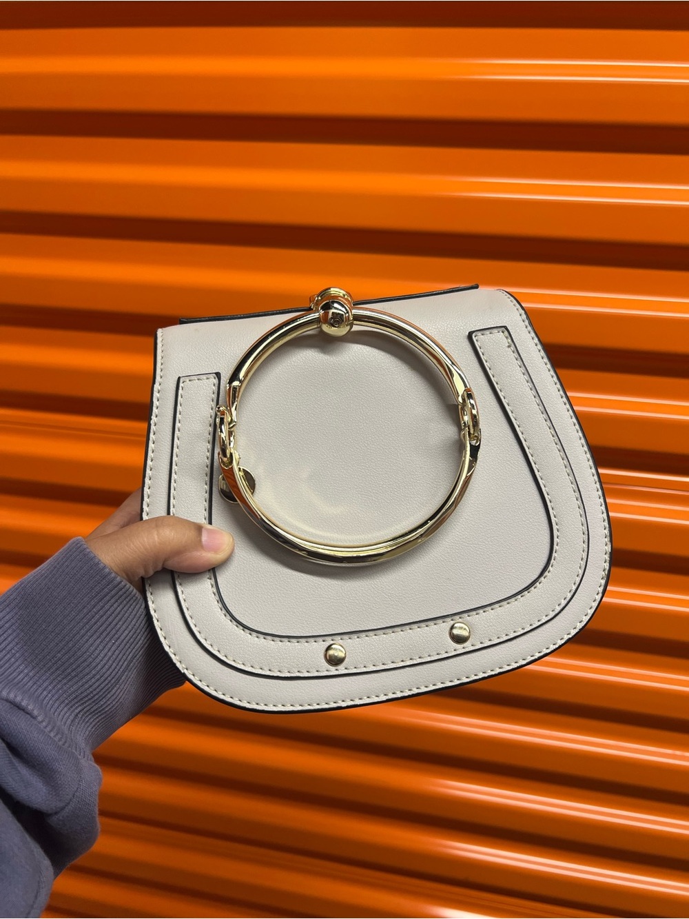 Cream Handbag with Gold Ring Handle - Women's Crossbody Tote